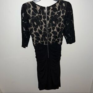 Signature by Sangria Black Ruched Dress with Lace Sleeves and Back